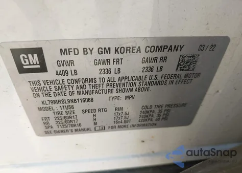 2022 Chevrolet Trailblazer Awd Lt из США, поврежденный, VIN KL79MRSL9NB116068